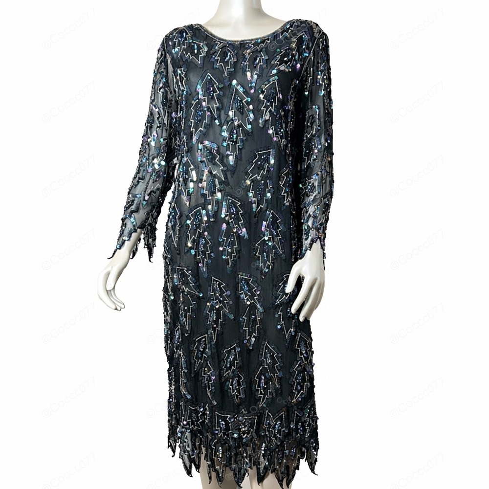 Beautiful vintage SCALA beaded and sequins dress medium M pure silk purple black